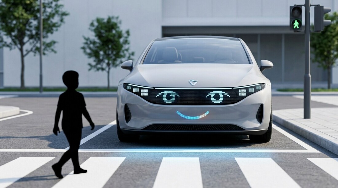 車のフロントに表示された目と笑顔