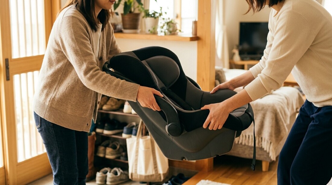 お下がりのチャイルドシートを譲り受ける場面