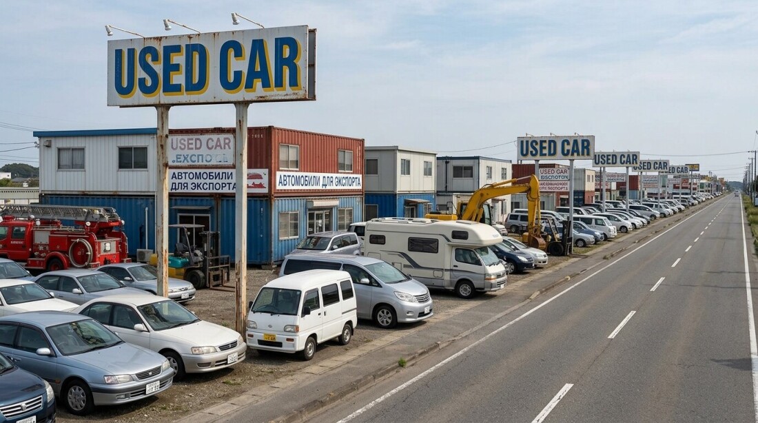 国道8号沿いの中古車輸出業者の店先